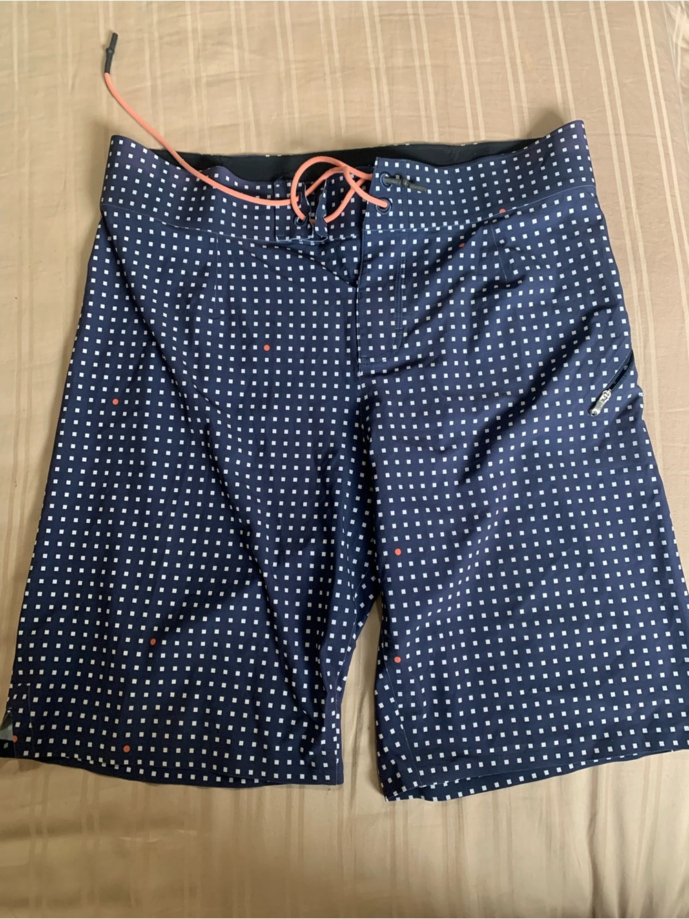 lululemon athletica Navy Blue Patterned Board Shorts with Coral Drawstring